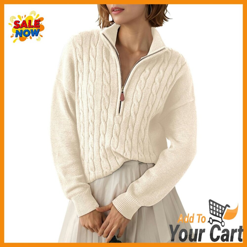 Quarter Zip Ribbed Cable Knit Pullover Sweater - … - image 1